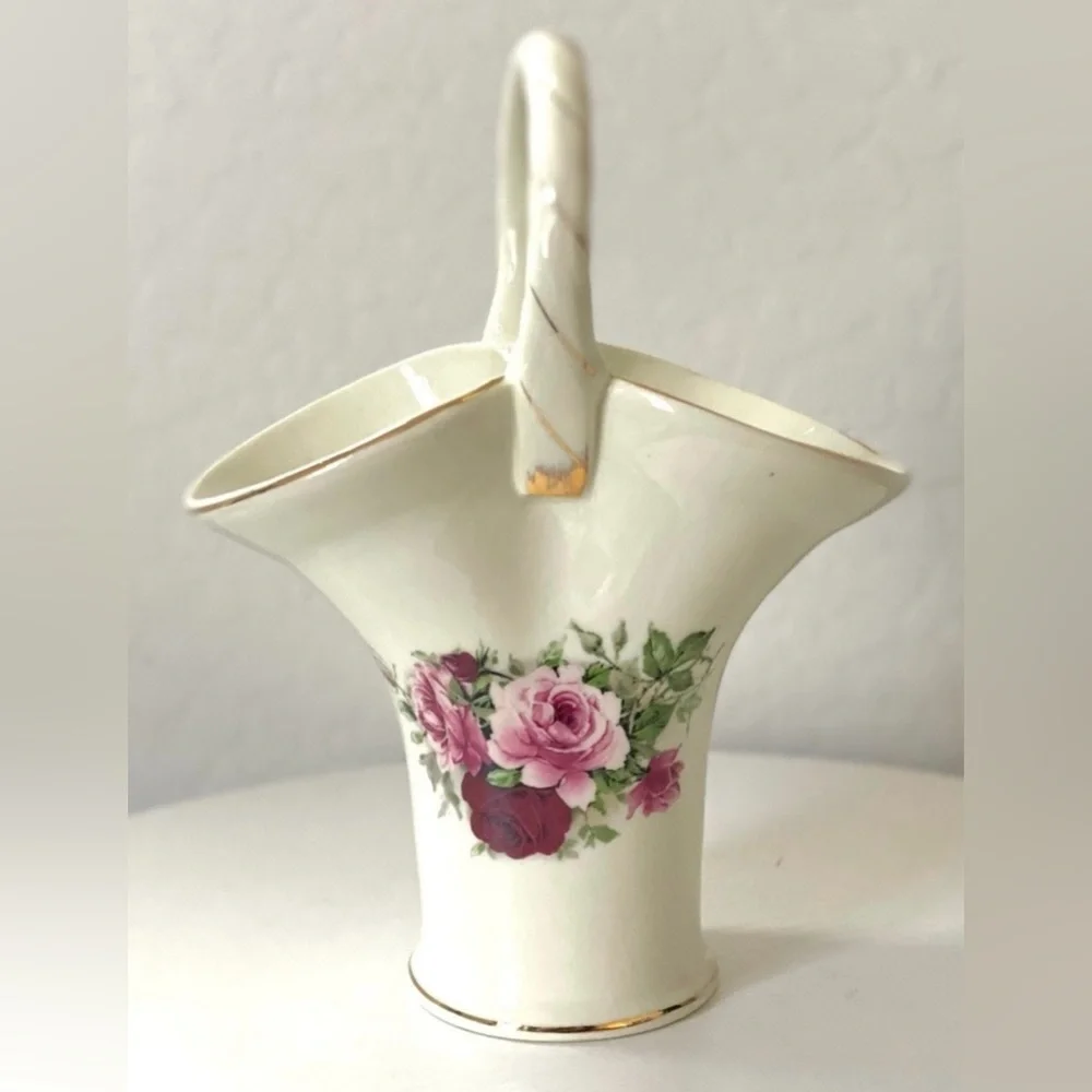 Formalities by Baum Bros Vintage Ceramic Floral Rose Basket Vase Trimmed in Gold